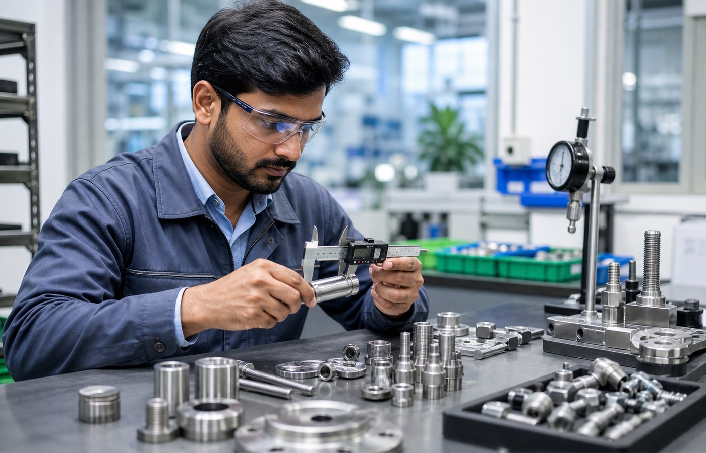Quality engineer inspecting a machined component with calipers